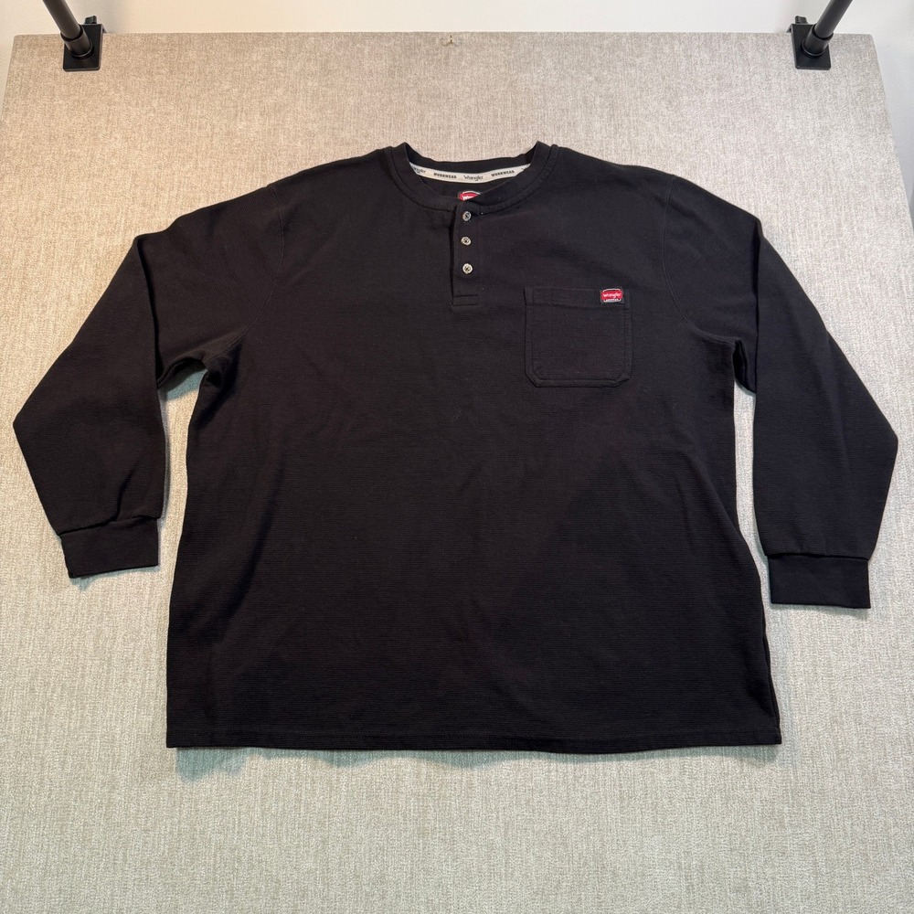 Wrangler Workwear Mens 3XL Black Waffle Knit Long Sleeve Henley Pocket Shirt